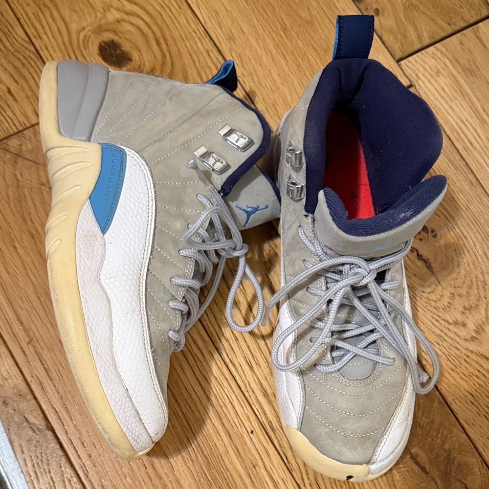 Jordans Gray and Blue High-Top Sneakers